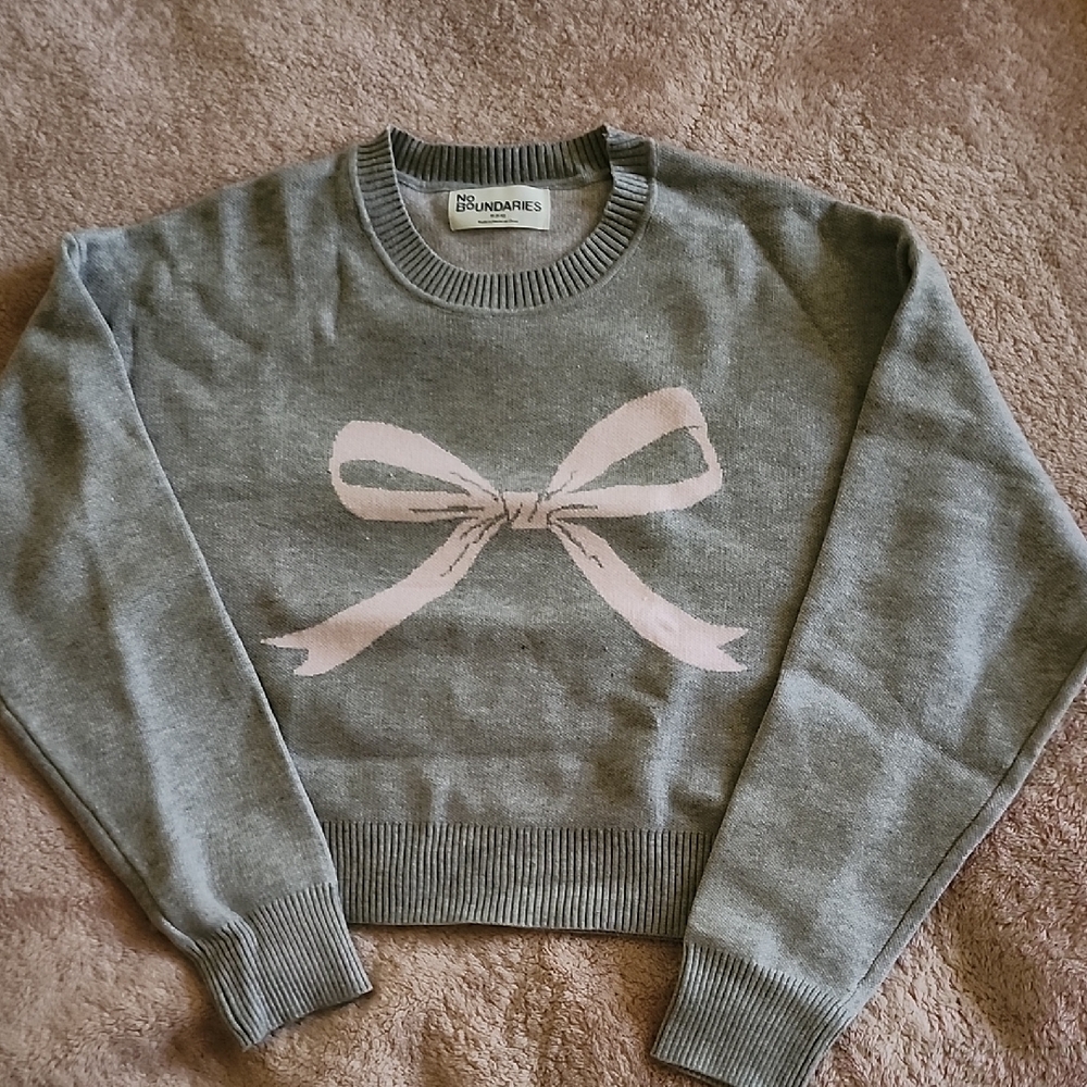 No Boundaries Gray Sweater with Pink Bow